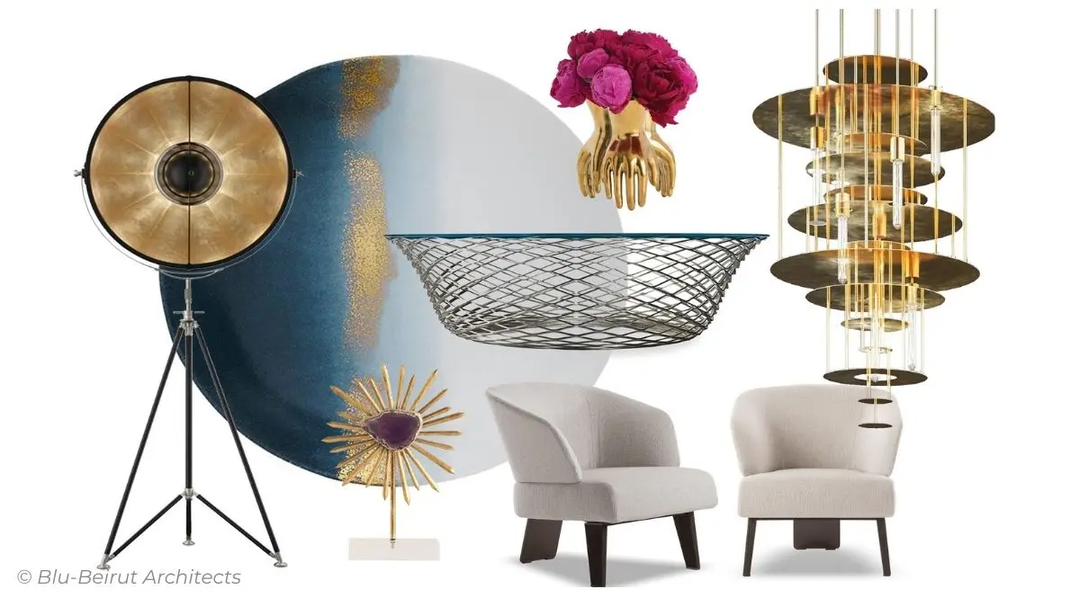 Design board with handpicked furniture, textures, and finishes to reflect a clean, curated identity by Blu Beirut Architects