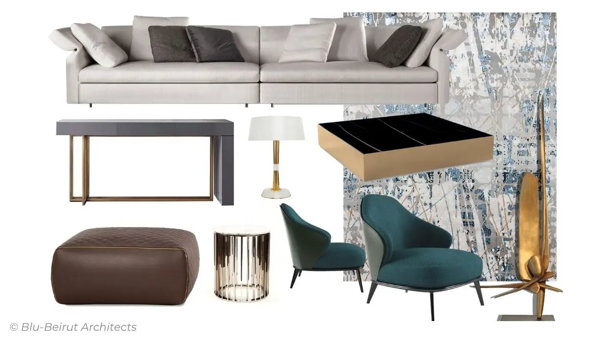 Moodboard combining refined seating, artistic lighting, and decor objects in soft luxury tones by Blu-Beirut.