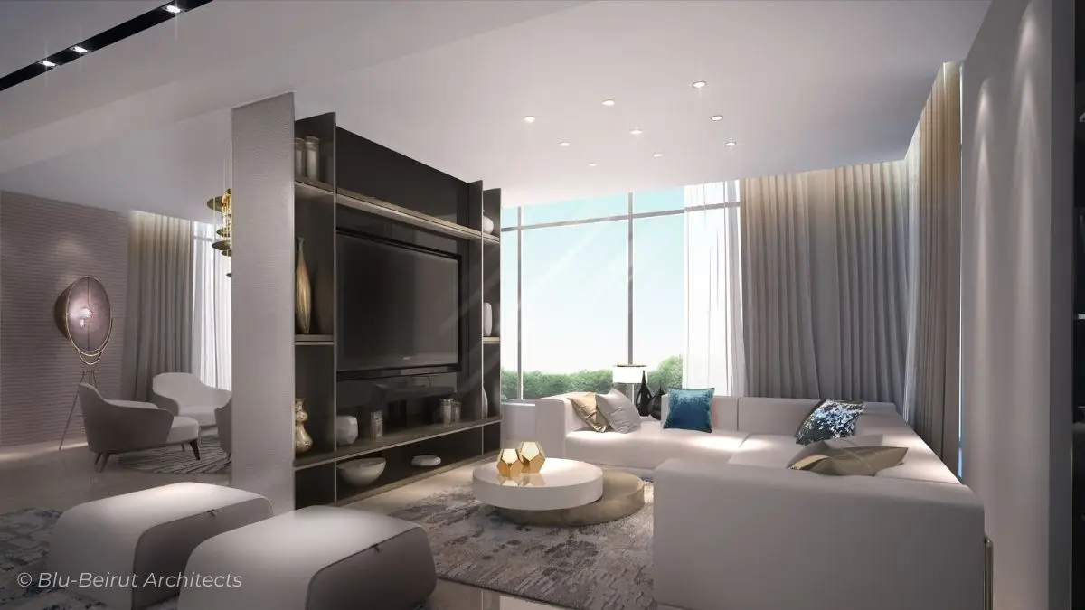 Elegant lounge showcasing refined finishes, modern furniture, and warm ambient lighting for a composed, high-end residential setting, by Blu-Beirut
