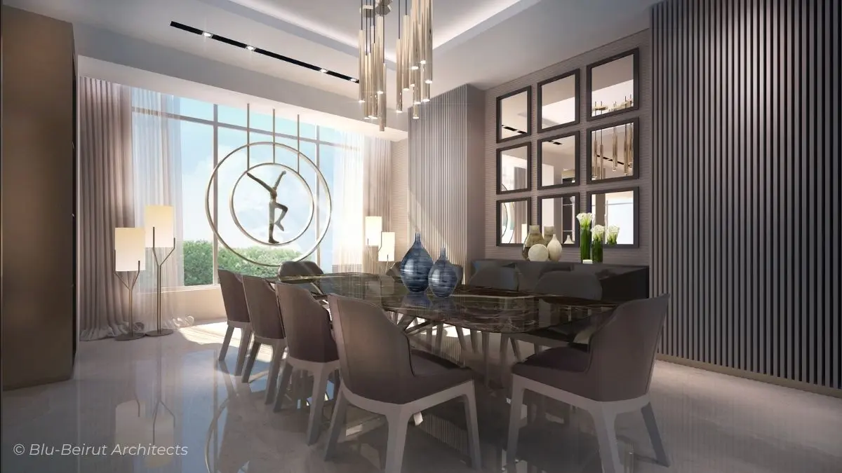 Sophisticated dining space with sculptural decor and bespoke furniture in an elegant minimalist interior by Blu-Beirut