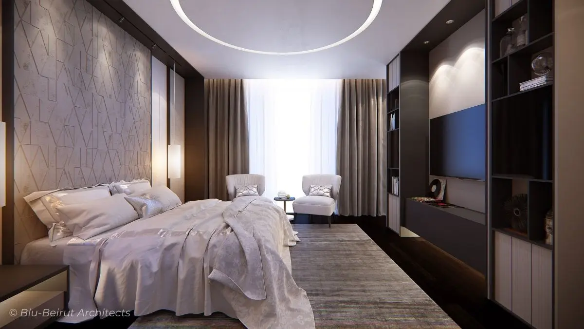 Minimalist master bedroom styled with curved lighting, white bedding, and soft wall cladding for a tranquil effect by Blu Beirut Architects