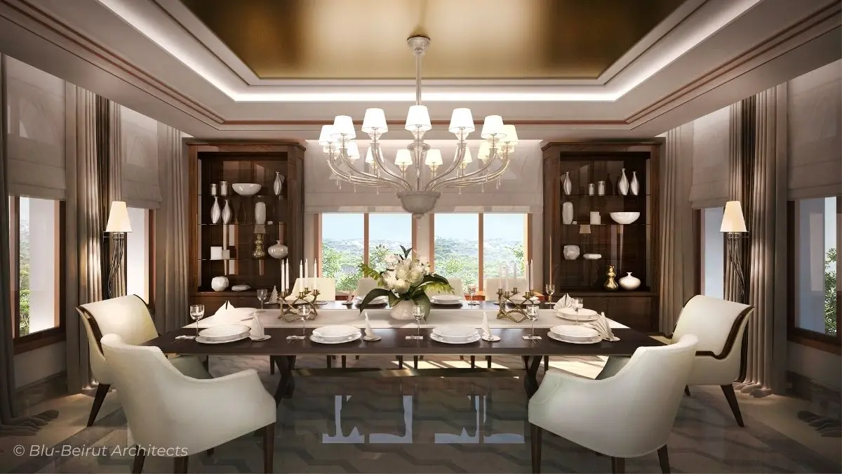 Luxurious dining space with traditional woodwork, soft neutral palette, and indirect architectural lighting.