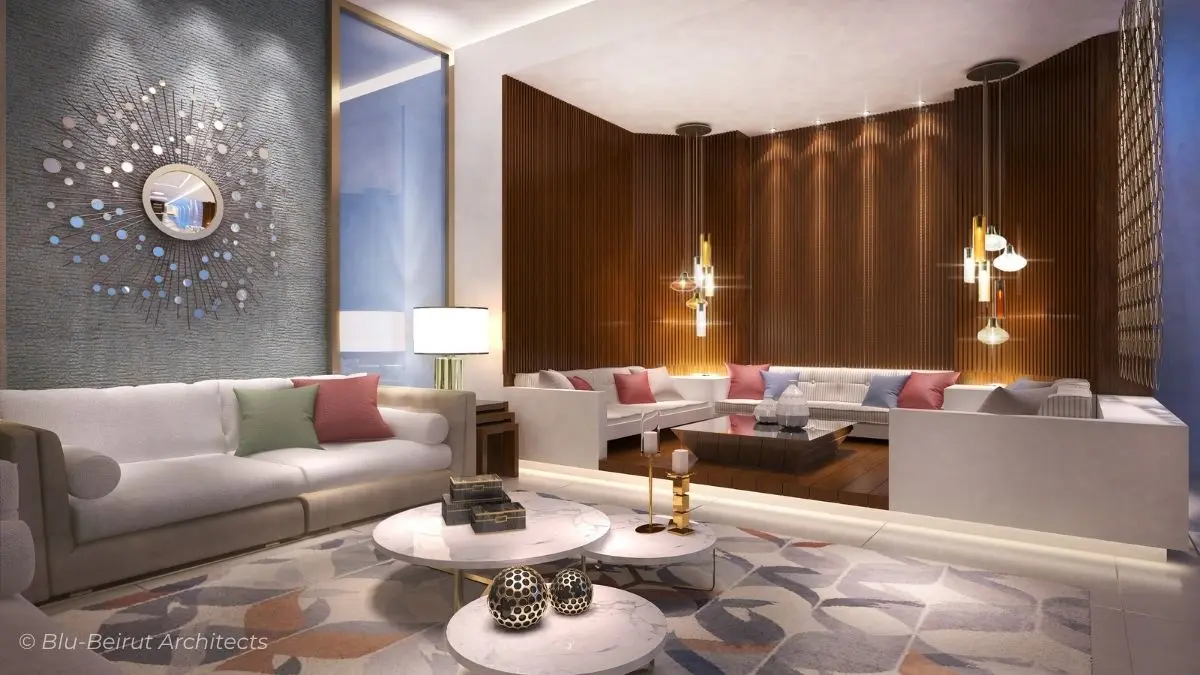 Modern Lebanese villa lounge area with layered lighting and soft-textured furniture.