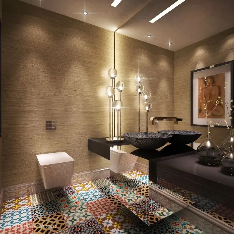 Guest Bathroom featuring mosaic floors, subtle lighting, and serene finishes.