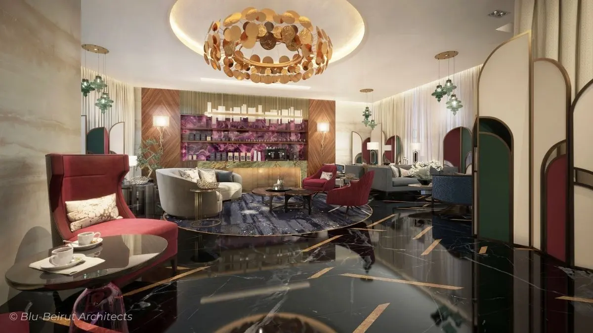 Lounge at the Movenpick Islamabad with Custom-designed furniture and Star Themed Ceiling