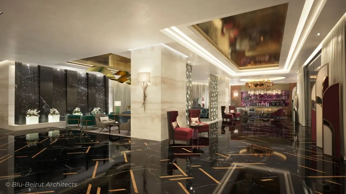 Reception area with marble Flooring and decorative ceiling