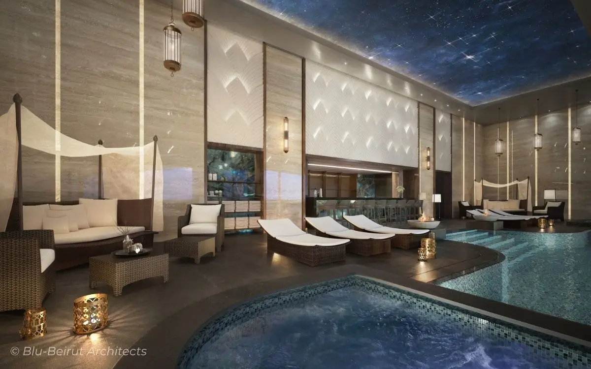 Spa and wellness Pool area with soft ambient lighting